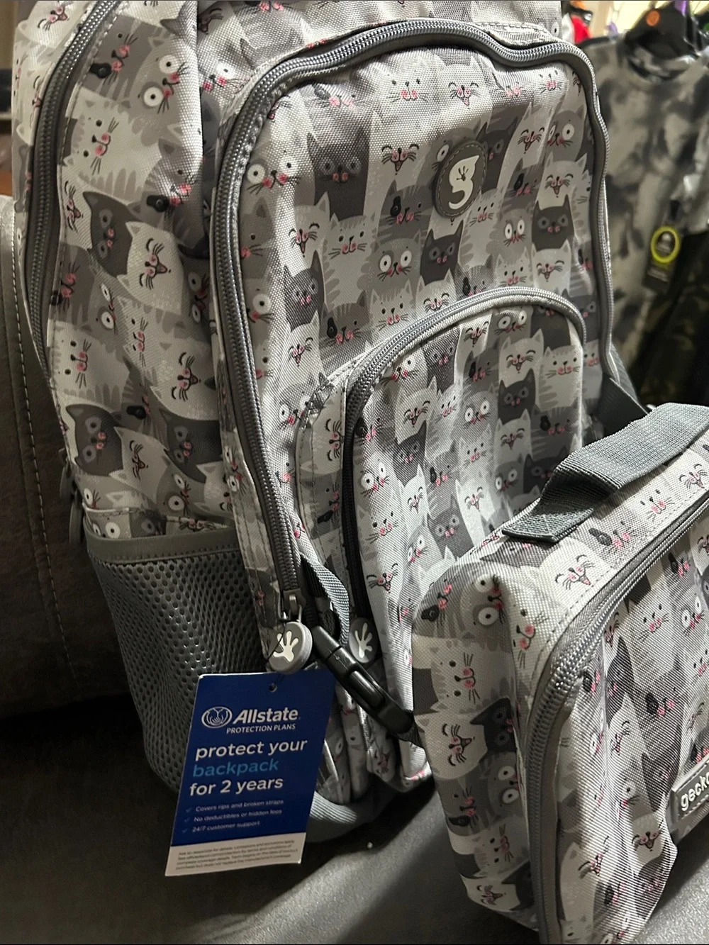 NWT Geckobrands Cat Print Backpack. Gray with Pink Accents Girls Love.